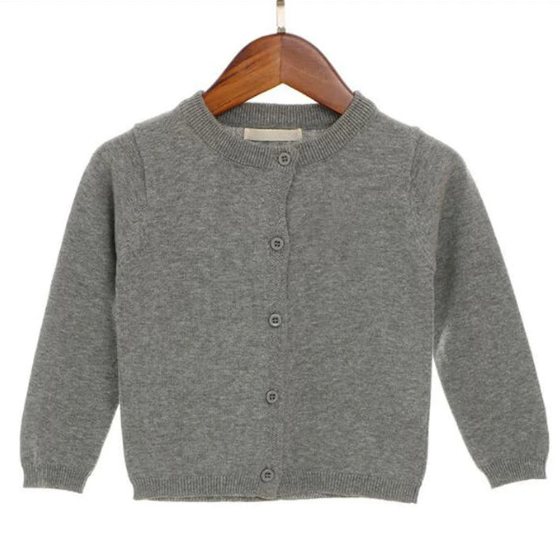 Grey children's round-neck knit cardigan with button front and ribbed cuffs on a wooden hanger