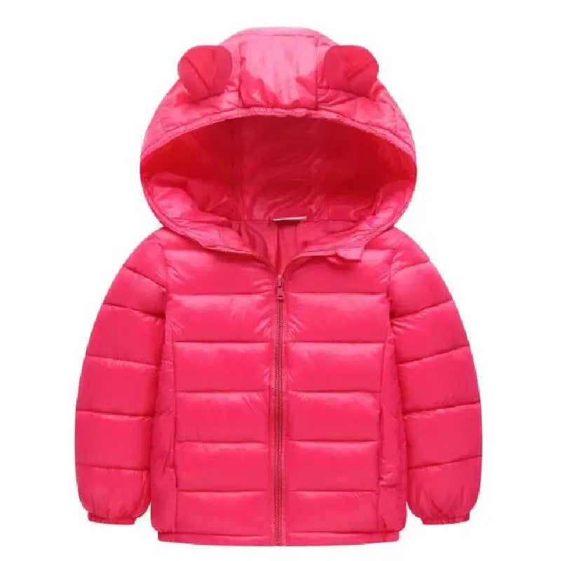 Bright pink children's quilted padded jacket with a zip front, pockets and bear-ear hood