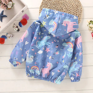 Back of the blue children's unicorn and rainbow print hooded jacket