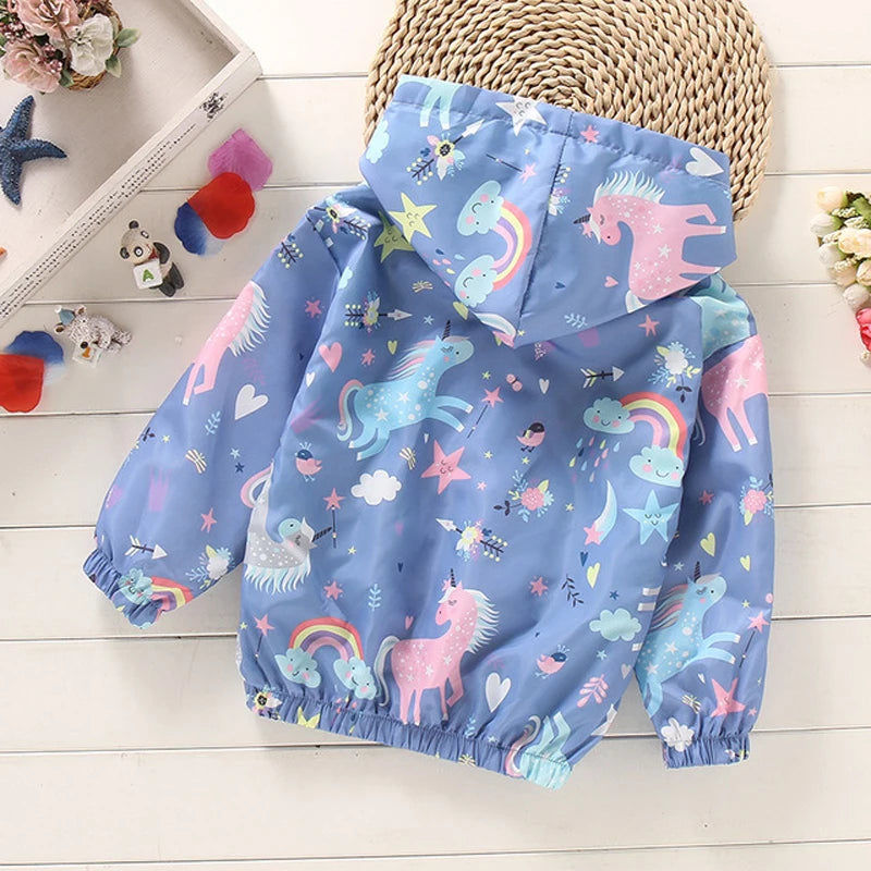 Back of the blue children's unicorn and rainbow print hooded jacket