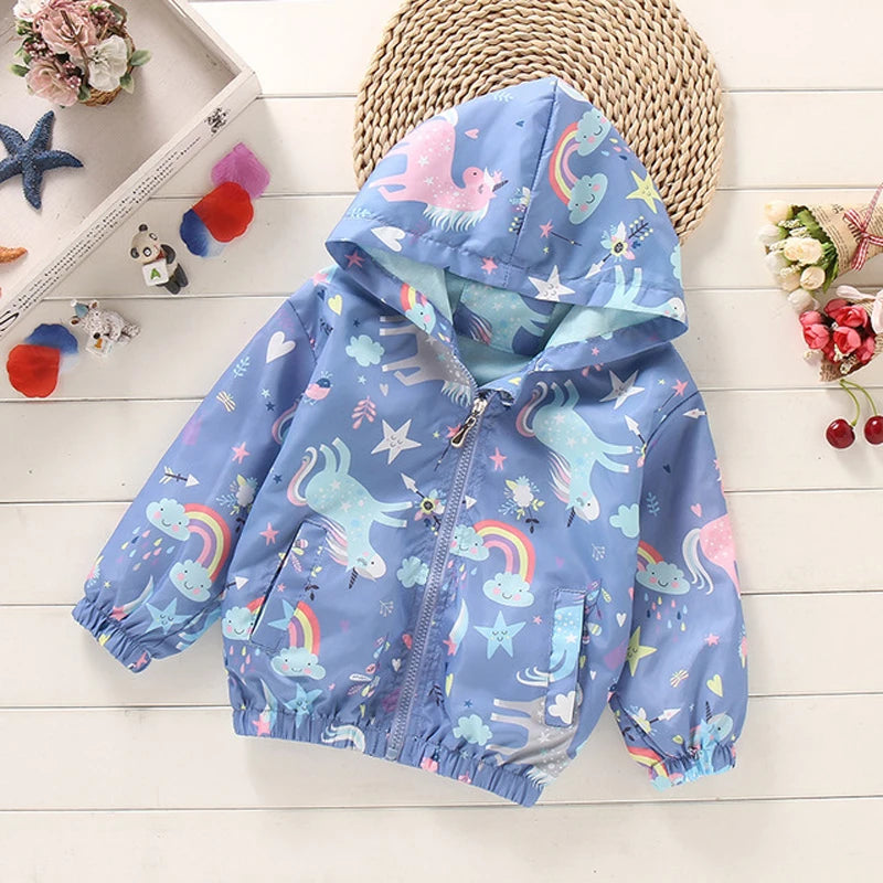 Blue children's hooded zip-front jacket with unicorns, rainbows, stars and two front pockets