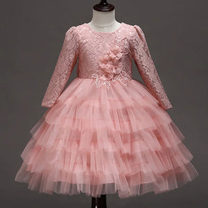 Pink children's long-sleeve lace party dress with a layered tulle skirt, front view